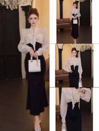 时尚法式显瘦女装长袖设计感拼接连衣裙LJ0094#时尚穿搭#时尚女装#时尚百搭#时尚潮流#连衣裙穿搭