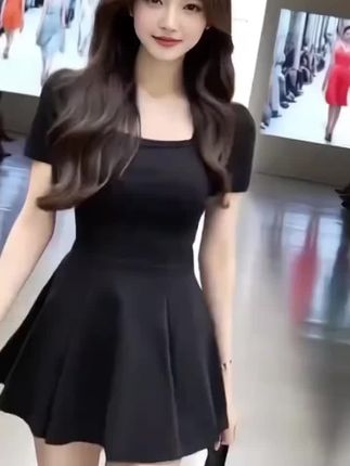 气质御姐风黑色方领短袖连衣裙女2025新款小个子收腰显瘦A字短裙