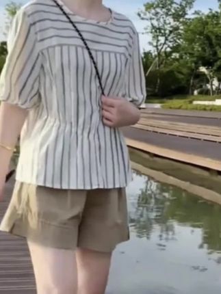 现货2025新款收腰显瘦条纹短袖衬衫女高腰短裤休闲短裤减龄穿搭