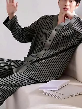 猫人经典睡衣男春秋纯棉长袖家居服2025新款条纹套装MLS-B11004C#男生的睡衣