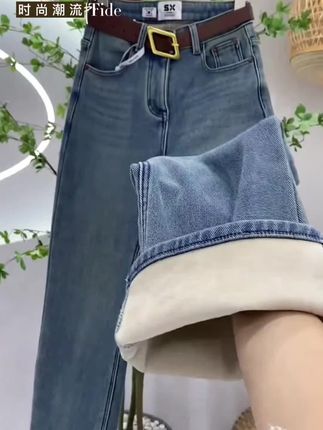 加绒窄版阔腿牛仔裤女秋冬爆款2025新款女士加厚高腰显瘦直筒裤子#时装搭配#窄版阔腿裤 #秋冬穿搭。