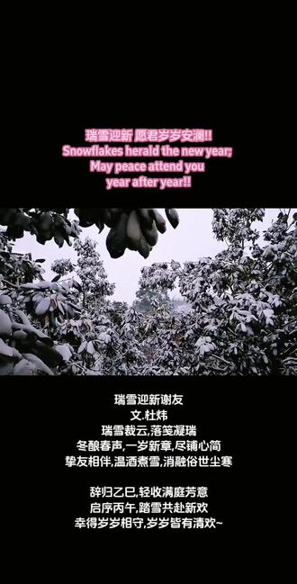 瑞雪迎新 愿君岁岁安澜!!
Snowflakes herald the new year;
May peace attend you
year after year!!
瑞雪迎新谢友
文.杜炜
瑞雪裁云,落笺凝瑞
冬酿春声,一岁新章,尽铺心简
挚友相伴,温酒煮雪,消融俗世尘寒
辞归乙巳,轻收满庭芳意
启序丙午,踏雪共赴新欢
幸得岁岁相守,岁岁皆有清欢~
#元旦快乐平安健康
#福星高照五福临门
#瑞雪迎新愿君岁岁安澜
#一马平川饱览祖国大好河山