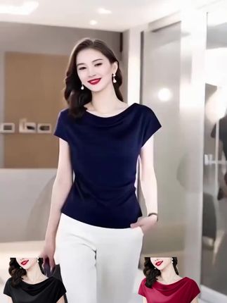 高档缎面短袖t恤女2025夏季丝滑垂感收腰百搭上衣法式荡领小衫#热门推荐