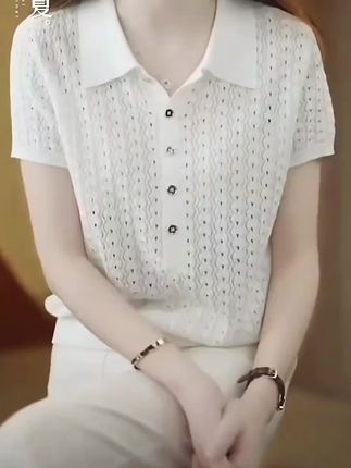 天丝+桑蚕丝夏季Polo领纯色镂空针织衫2025新款宽松百搭气质上衣#洋气小衫 @DOU+小助手 @DOU+好生意