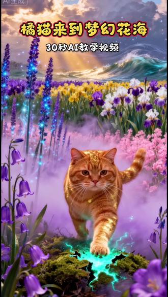 哇,好美的梦幻花海,我们跟着橘猫一起去看看吧!30秒就能学会的AI教学视频| #即梦AI #即梦ai #橘猫 #萌宠出道计划 #橘猫日常