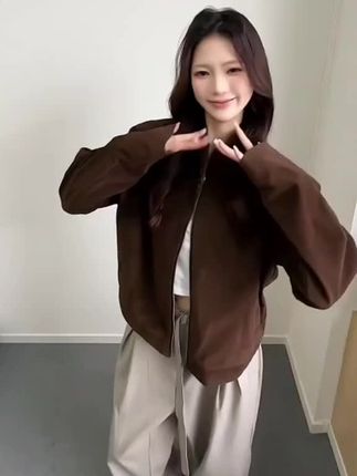 棕色立领哈灵顿短款外套男秋季潮牌cleanfit美式复古痞帅正肩夹克#今天穿什么#谁穿谁好看