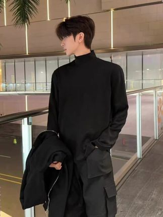 黑色半高领德绒打底衫男秋冬季cleanfit修身长袖t恤保暖内搭卫衣#男女同款 #面料柔软舒适 #德绒打底衫 #宽松有范 #内外穿搭都好看
