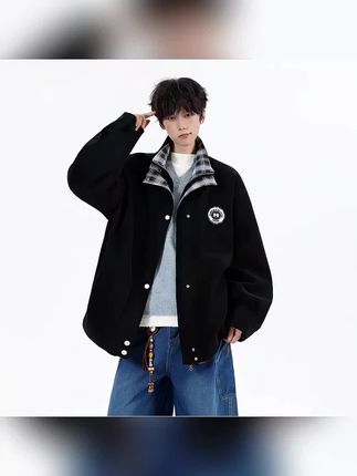 美式假两件格纹贴标夹克男秋季潮牌痞帅学院风宽松休闲翻领外套男#外套男 #美式穿搭 #痞帅穿搭