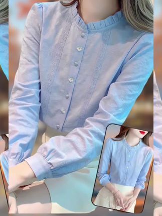 【运补6-8】100%棉 新款木耳边立领纯棉衬衫女长袖内搭打底衫上衣#早秋穿搭 #打底衫 #上衣 #长袖 #减龄穿搭