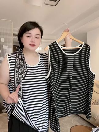300斤可穿的背心来啦 #无袖打底衫#特大码背心 #大码遮肉背心 #大码妈妈背心 #大码条纹背心