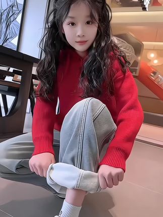 #我要上热门 女童加绒裤子+连帽加厚毛衣两件套中大童洋气中大童8-15岁女套装9#秋冬新款 #高品质童装 #谁穿谁好看系列