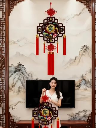 2025新款仿玉雕桃木中国结挂件大号客厅玄关乔迁背景墙春节装饰
