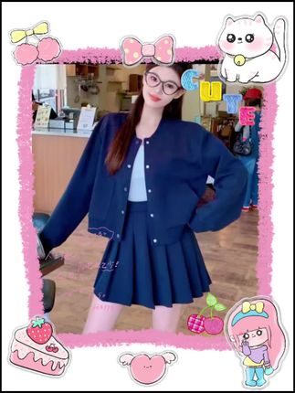 春季甜美可爱棒球服上衣高腰A字版百褶短裙套装#高级感穿搭 #温柔穿搭 #通勤搭配 #时髦穿搭 #辣妹穿搭