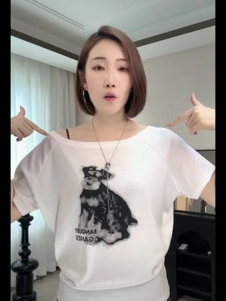 美式慵懒辣妹小狗印花斜肩短袖t恤女夏季新款松弛感休闲露肩上衣