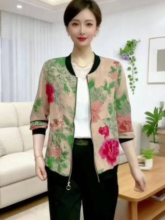 雪儿 国色天香牡丹花夏季长袖薄外套大码妈妈装百搭时尚防晒衣女#减龄气质 #遮肉显瘦穿搭 #高端大气 #减龄显瘦穿搭 #面料舒适透气