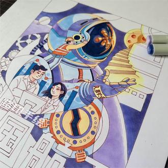 用马克笔手绘“中国航天梦” 该作品以“中国航天”四个汉字为视觉核心,通过宇航员、航天器与地面科研、制造、保障等多岗位工作者的协同画面,体现了团结协作的中国航天精神。阶梯寓意着继续探索的脚步。头盔上反射出“天宫空间站”的完整面貌,展现出中国航天人仰望星空的浪漫情怀与脚踏实地的奋斗姿态,致敬每一位托举“航天梦”的平凡英雄。
【色彩】运用橙紫对比色调,紫色为基调呼应宇宙氛围,橙黄光束突出重点。
【构图】用几何图形分割画面,结合平面构成手法,增强形式感。
【造型】采用抽具象结合,主体偏具象,背景抽象化,人物做扁平处理。
【创意】主体物与航天工作者之间运用适形同构手法,增强彼此联系。
#马克笔手绘 #马克笔上色 #绘画过程 #绘画教程 #太空主题画 @DOU+小助手 @抖音艺术