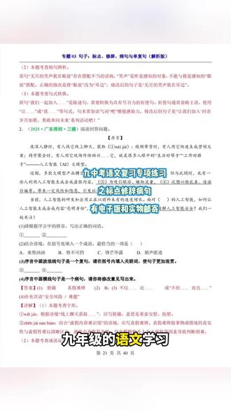 2026年九年级中考语文复习专项练习之标点修辞病句等共40页,#九年级 #九年级语文 #九年级下册语文 #中考语文 #修辞手法