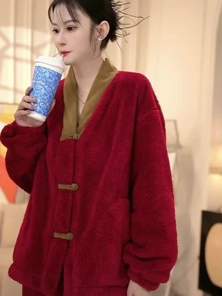 新中式加厚睡衣女冬季新年本命年红色保暖家居服套装#新中式国风睡衣#加绒加厚#新中式国风