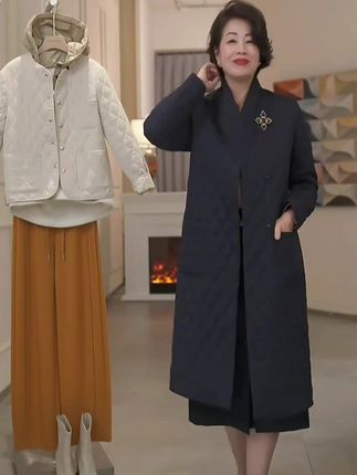 复古菱格长款风衣夹棉外套#时尚棉外套#精致优雅#面料柔软舒适
