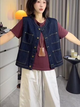 「时髦复古牛仔马甲」防掉色面料 春秋百搭宽松叠穿坎肩马夹女S027