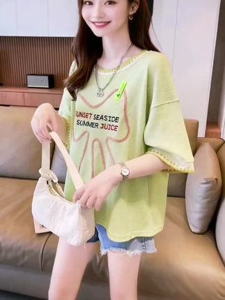 #好物推荐🔥 华夫格短袖t恤女2025新款夏季韩版宽松设计感小众刺绣半袖上衣服#强烈推荐 #助手抖音 #宽松版型 #宽松显瘦