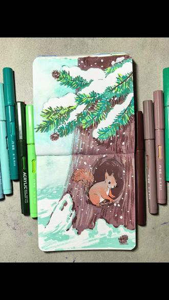 森林的角落里藏着一个小可爱#松鼠 #丙烯马克笔 #超简单 #一分钟干货教学 #轻松