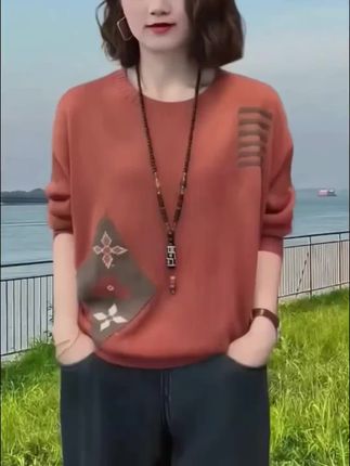 宽松显瘦【80-200斤】提花圆领毛衣女春秋新款民族风针织打底上衣#谁穿谁好看系列 #洋气小衫 #秋季新款 #面料柔软舒适 #显瘦穿搭