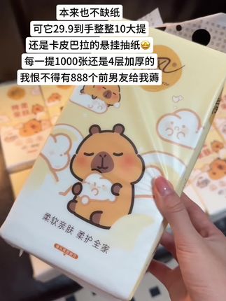 #清风 你也太卷了!!还是卡皮巴拉联名款的悬挂式抽纸,我一薅一个不吱声!#抽纸 #悬挂抽纸 #纸巾 #超便宜超划算
