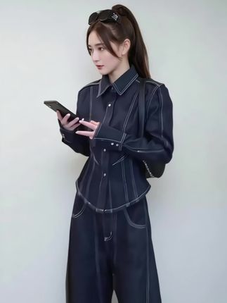 小众设计感牛仔套装女装2025春秋新款Polo领长袖外套阔腿裤两件套#优雅气质 #春秋新款 #高级感穿搭 #又酷又飒 #时尚套装