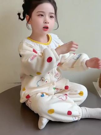 儿童睡衣珊瑚绒秋冬季小女孩花边领开衫套装法兰绒冬款女童家居服#家居服#睡衣#