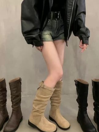 小众设计感堆堆靴女秋季新款不过膝高筒骑士靴粗跟瘦瘦长筒靴