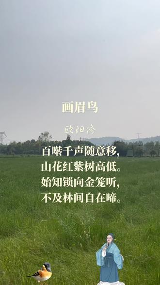 欣赏古诗。这是一首借物咏怀、情理交融的七言绝句,通过描绘画眉鸟在不同环境中的状态,抒发诗人对自由生活的向往和对束缚的厌恶。
诗意:画眉鸟婉转啼鸣,随心所欲地在林间飞舞,穿梭于万紫千红的花丛与高低错落的林木间。此时才明白,以前听到那被锁在金笼中的画眉鸟叫声,远不及它悠游林中的自在啼唱。
前两句描绘了画眉在山林间自由飞翔、啼鸣的场景。首句生动表现出画眉鸟叫声的婉转多变和自由自在,次句则勾勒出山林中花木繁茂、层次分明的自然景观,为画眉鸟的自由活动提供了广阔的空间,营造出一种生机勃勃、无拘无束的意境。后两句通过对比“锁向金笼听”与“林间自在啼”两种状态,表达了诗人对自由的追求。“始知”体现了诗人经过对比后的深刻感悟,强调了自由对于生命的重要性,即使画眉鸟在金笼中的生活条件再优越,也无法替代林间自由啼鸣的快乐。
诗中通过“金笼”与“林间”的鲜明对比,突出了束缚与自由的差异,深化了主题,使读者体会到诗人对自由的渴望。诗人以画眉鸟自比,借画眉鸟的自由啼鸣,表达自己对自由生活的向往和对官场束缚的不满,体现了诗人追求个性解放、挣脱羁绊的精神追求。这种追求贯穿全诗,成为诗歌的核心主题。诗人通过对比在金笼与林间的画眉鸟,含蓄地批判了社会现实中对人才的束缚和压抑,并借此表达了对官场、世俗等对个性禁锢的不满和反抗,呼吁人们尊重个性、追求自由。
这首诗语言简洁明快,通俗易懂,蕴含着深刻的哲理。诗人通过借物咏怀、对比和托物言志等艺术手法,表达自己的追求、向往与批判,具有深刻的思想内涵和较高的艺术价值。
#中华文化传承 #每天古诗词