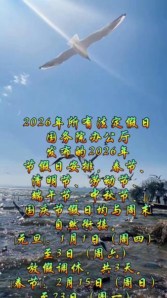 2026年所有法定假日
2026年所有法定假日
国务院办公厅发布的2026年节假日安排,春节、清明节、劳动节、端午节、中秋节、国庆节假日均与周末自然衔接。
元旦:1月1日(周四)至3日(周六)放假调休,共3天。
春节:2月15日(周日)至23日(周一)放假调休,共9天。
清明节:4月4日(周六)至6日(周一)放假,共3天。
劳动节:5月1日(周五)至5日(周二)放假调休,共5天。
端午节:6月19日(周五)至21日(周日)放假,共3天。
中秋节:9月25日(周五)至27日(周日)放假,共3天。
国庆节:10月1日(周四)至7日(周三)放假调休,共7天。#法定节假日 #海天闲谈杂聊
