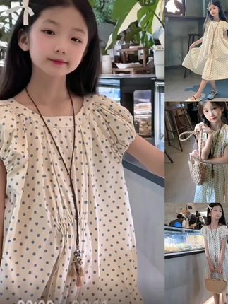 女童连衣裙夏季2025新款儿童洋气时髦夏装女大童灯笼袖圆点裙子