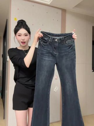 高腰设计感压褶修身微喇牛仔裤女2025秋季新款显瘦显腿长弹力长裤#直筒裤#显瘦#秋冬穿搭#百搭#高级感