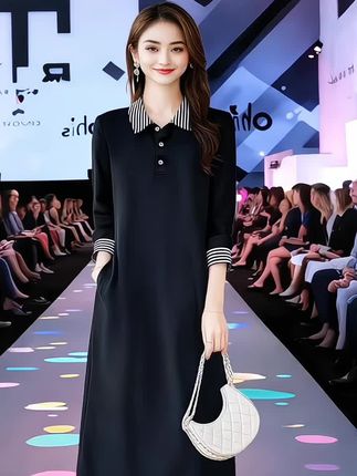 秋冬季新款芳妮诗黑色翻领连衣裙大码胖mm遮肚子显瘦裙子#时尚女装#洋气减龄#秋季不露腿穿搭