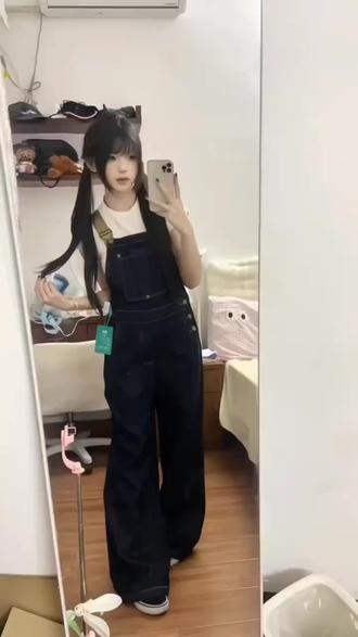 BRN美式复古牛仔背带裤女春季慵懒宽松显瘦拖地连体裤#背带裤#春季穿搭#牛仔背带裤