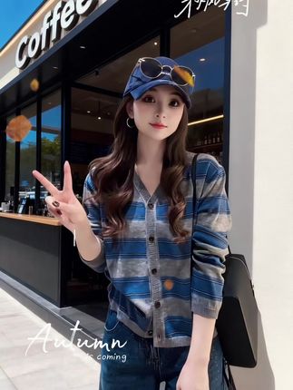 #秋冬穿搭新鲜感在线 秋季穿搭一整套2025新款韩版条纹针织开衫显瘦阔腿牛仔裤两件套女@DOU+好生意 @@DOU+小助手 @@DOU+上热门