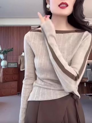 【优雅弧度】秋款上新长袖拼接修身套头针织衫C6026#穿出高级感 #潮流时尚穿搭 #内搭外穿都好看 #时尚洋气 #温柔风穿搭