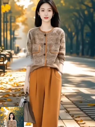 2025春秋新款慵懒休闲风针织套装女宽松毛衣开衫高腰阔腿裤两件套#琥珀色 #套装