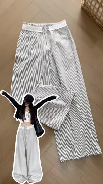 条纹休闲直筒裤时尚百搭#白色裤子女显瘦 #最近超喜欢的裤子 #喜欢条纹的看过来 #直筒裤#源头实力厂家