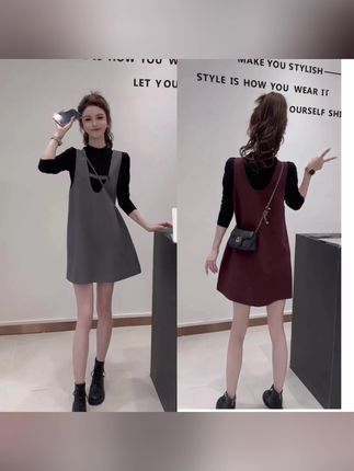 早春洋气减龄显瘦套装温柔甜美休闲长袖打底衫背心连衣裙两件套#连衣裙两件套 #时尚洋气