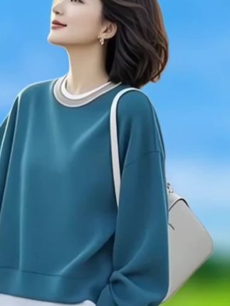 【假两件圆领薄款上衣女2025春秋新款小个子宽松洋气不起球显瘦卫衣】#显瘦卫衣