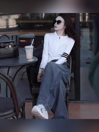 韩版设计感纽扣三条杠棉T恤女春秋新款高贵显瘦百搭休闲长袖上衣#女上衣