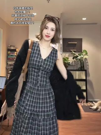 秋季宽松针织毛衣开衫外套女灰色+无袖背心连衣裙套装Y5063Y5065#连衣裙 #外套 #女装