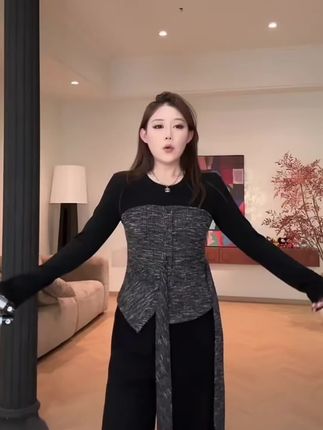 琪琪怪怪大码女装【高智美学】设计感拼接绑带针织上衣T17932QTQ#这么穿显瘦20斤 #简单大方时尚款 #遮肉显瘦穿搭 #大码女装 #时髦精的ootd