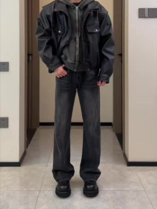 2025秋冬新款高街小众宽松直筒擦色镶嵌潮流时尚轻奢痞帅男装