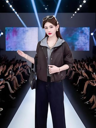 #时髦穿搭 #外套穿搭 #连帽皮衣外套春秋拼接撞色减龄假两件短款长袖夹克#时尚洋气外套