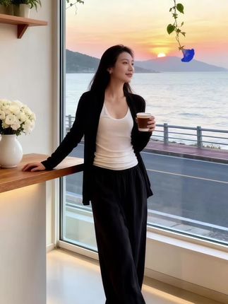林晓拖着行李箱,踏入这间临海公寓时,夕阳正给海面镀上一层暖金。她换上刚入手的2025秋季三件套,黑色开衫松垮地搭在身上,内搭的白色背心衬得肌肤莹润,阔腿裤随着步伐轻轻摆动,慵懒又自在。 她走到大玻璃窗前,手捧本书,目光却被窗外勾走。海面波光粼粼,远山如黛,沿海道路上车影流动,护栏旁藤蔓垂落,蓝色喇叭花在微风里摇曳。墙上置物架的绿植、木质台面上白瓶里的白花,都浸在浅浅暖光中。这一刻,城市的喧嚣被隔绝在外,只有海的呼吸、花的轻颤,还有身上舒适的衣物,让她觉得,寻寻觅觅这么久,终于在这方天地,找到了心的归处,慵懒又惬意的海居时光,就此开启。##显瘦显瘦显瘦 #通勤搭配 ##优雅气质 ##穿搭显年轻 ##高级气质