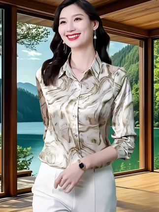 恒源祥彩羊真丝衬衫,2025新款时尚洋气印花衬衣高级感桑蚕丝上衣,视频同款